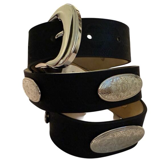 Steve Madden Medium Black Suede Velvet Belt Western Silver Detail Boho Conchos - Picture 1 of 11
